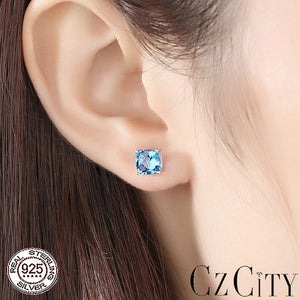 925 Silver Square Stud Earrings Wraped Gemstone for Women