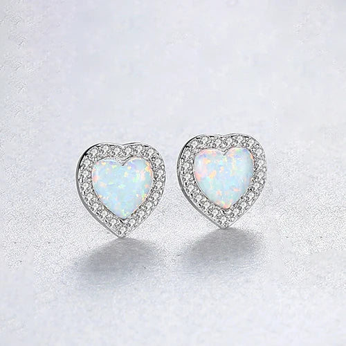 Heart Opal Stud Earrings Wrapped Charming CZ Silver Jewellery 925