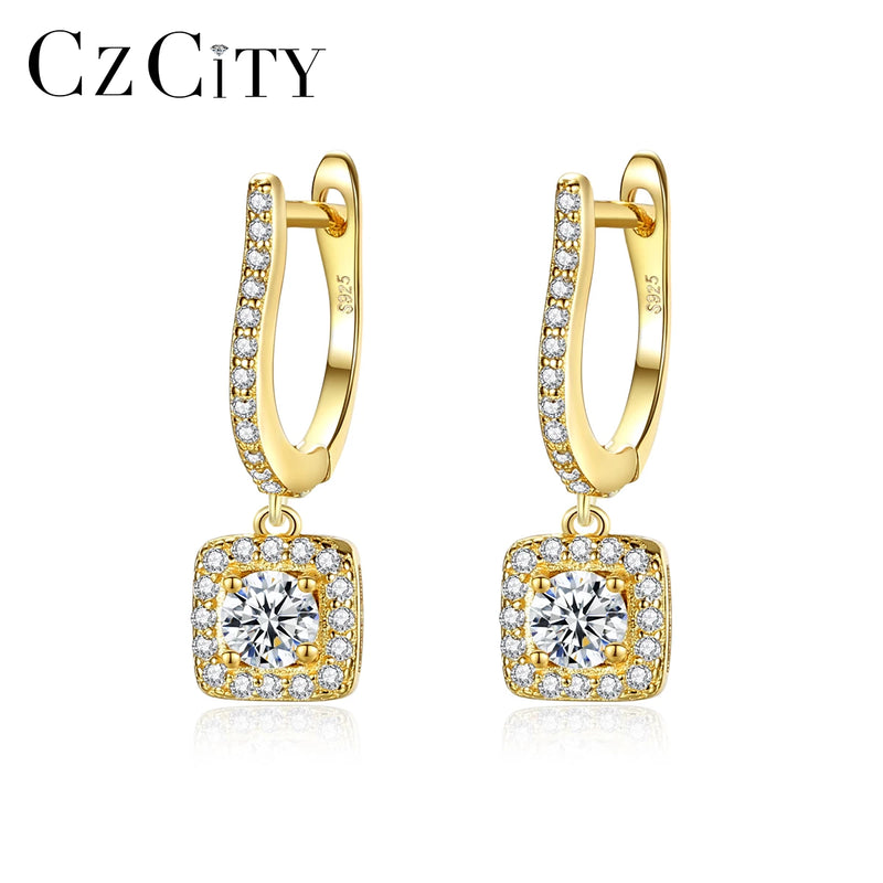 CZ Hoop Earrings 925 Sterling Silver Square Pendant Gift