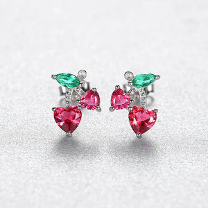 925 Silver Cherry Stud Earrings Red-Heart Fruit Fine Jewelry
