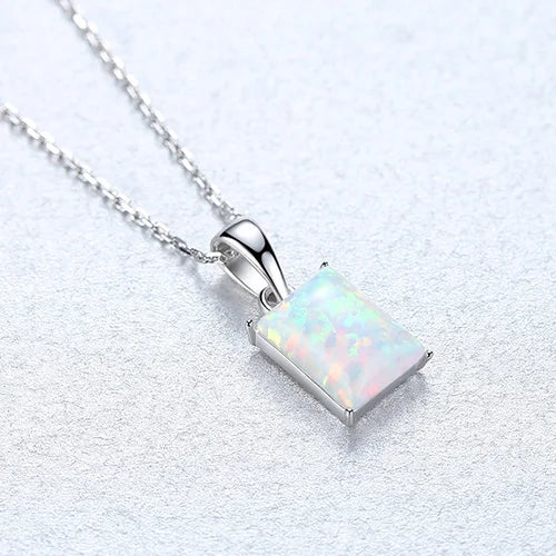 925 Silver Women's Fire Opal Pendant Necklace Box Chain 40+5cm