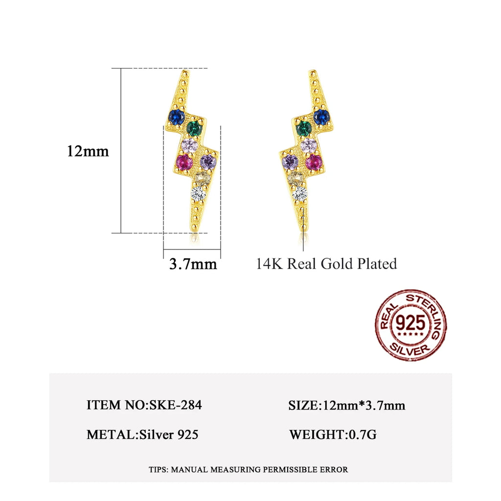 Rainbow CZ Lightning 925 Sterling Silver Stud Earrings for Women