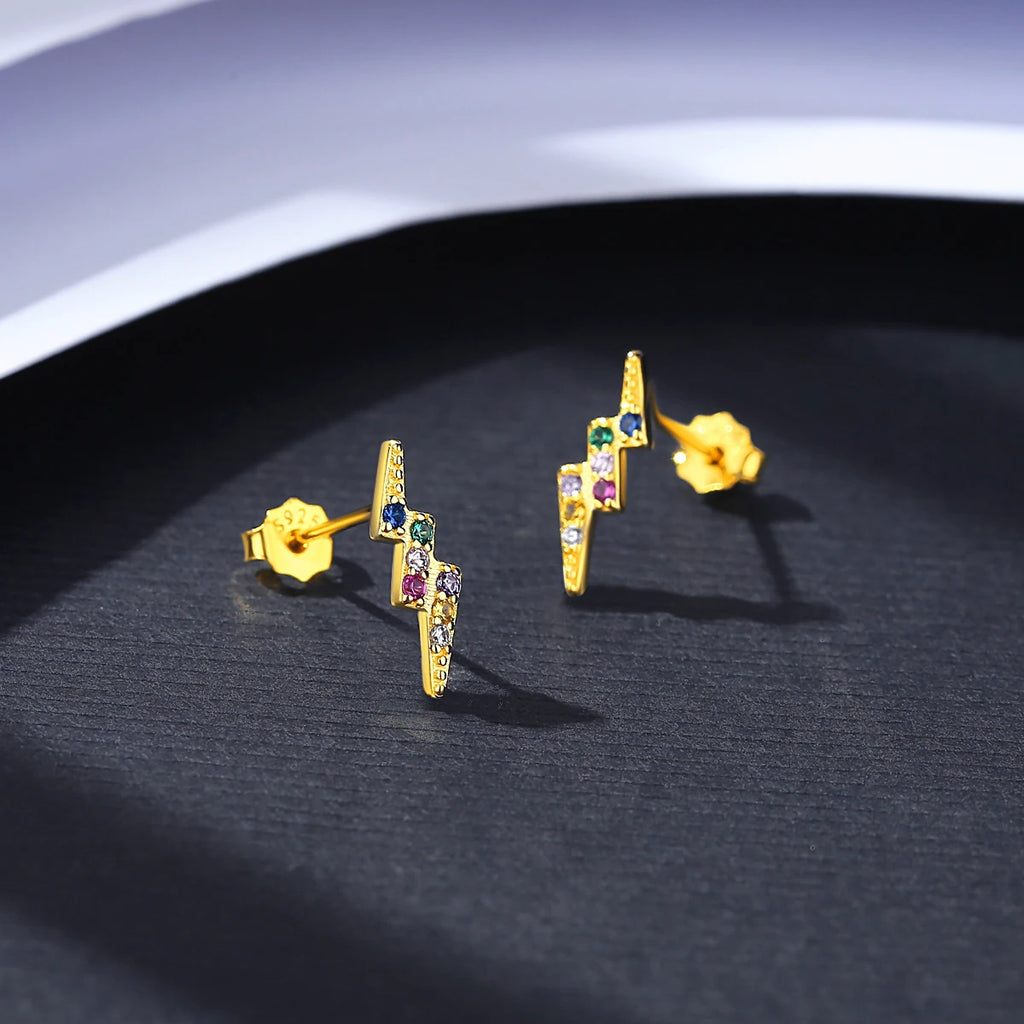 Rainbow CZ Lightning 925 Sterling Silver Stud Earrings for Women