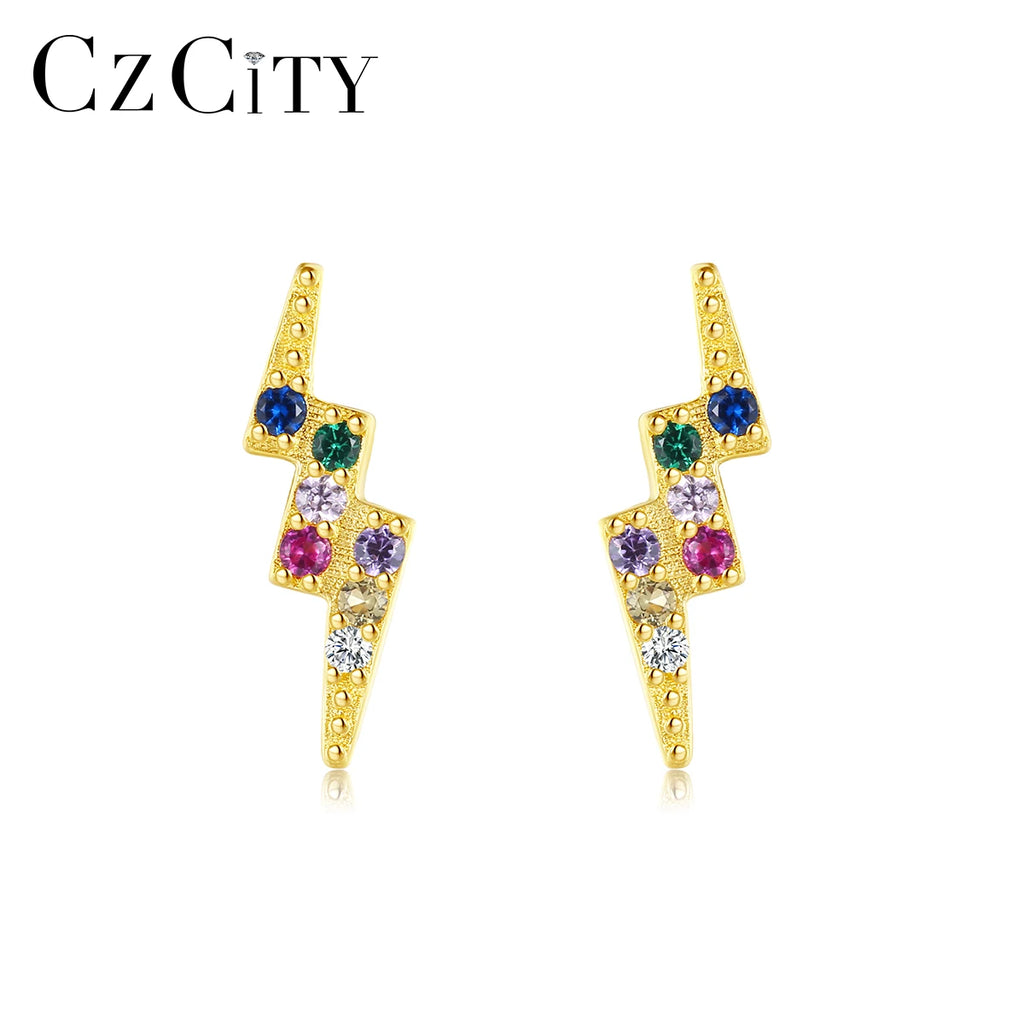 Rainbow CZ Lightning 925 Sterling Silver Stud Earrings for Women