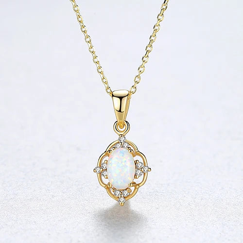 925 Silver Vintage Opal Pandent Necklace for Women Bridal Wedding