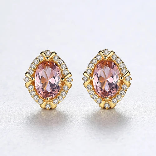 925 Silver Morganite Stud Earrings for Women Oval Engagement Jewelry Brincos
