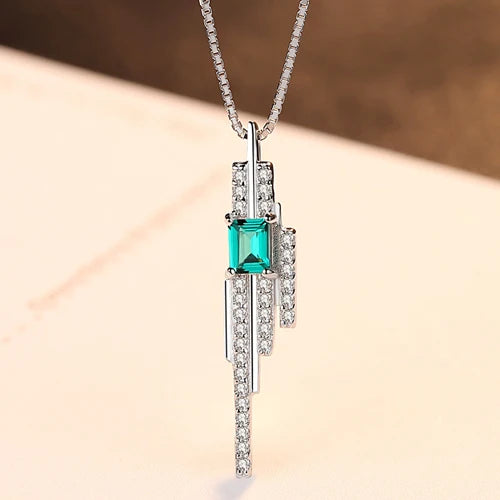 Romantic Women Pendant Necklace Emerald Blue-Green Stone S 925 Silver