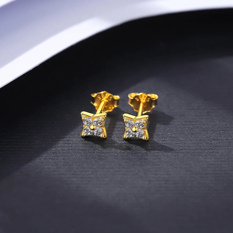 Square CZ Star Stud Earrings 925 Sterling Silver Fine Jewelry