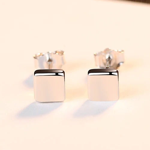 Square Small Silver Stud Earrings for Women Miss Female Gift