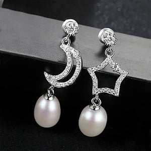 Sun & Moon Freshwater Pearl Long Earrings 925 Sterling Silver Jewelry