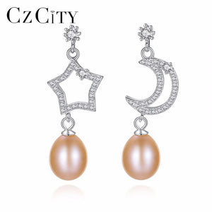 Sun & Moon Freshwater Pearl Long Earrings 925 Sterling Silver Jewelry