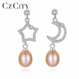 Sun & Moon Freshwater Pearl Long Earrings 925 Sterling Silver Jewelry