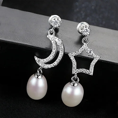 Sun & Moon Freshwater Pearl Long Earrings 925 Sterling Silver Jewelry