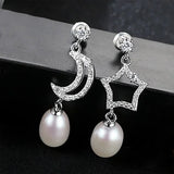 Sun & Moon Freshwater Pearl Long Earrings 925 Sterling Silver Jewelry