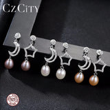 Sun & Moon Freshwater Pearl Long Earrings 925 Sterling Silver Jewelry