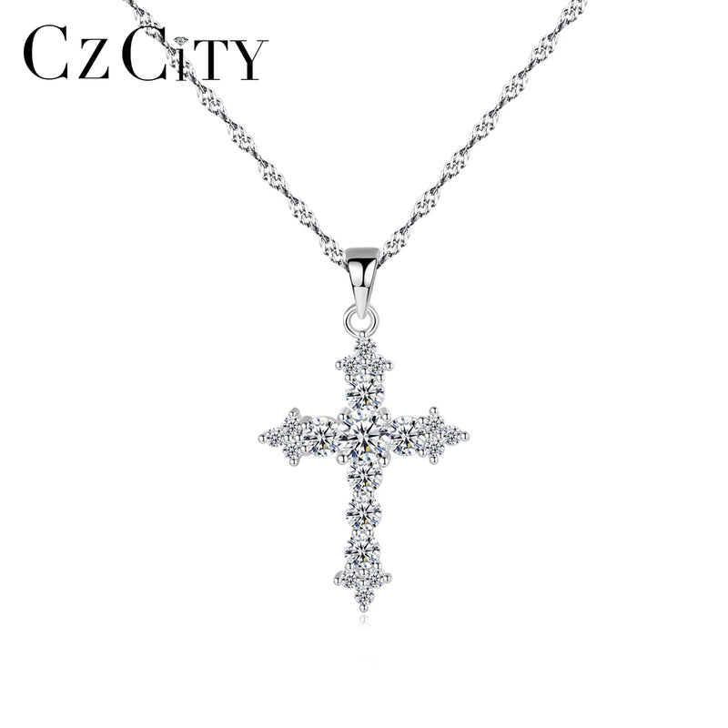 CZ Cross Pendant 925 Sterling Silver Necklace Water Wave Chain Punk Jewelry