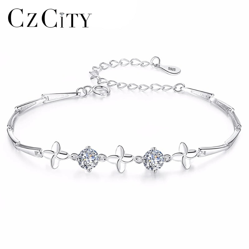Vintage Love Flower Bracelet 925 Sterling Silver Charms Women Crystal Chain