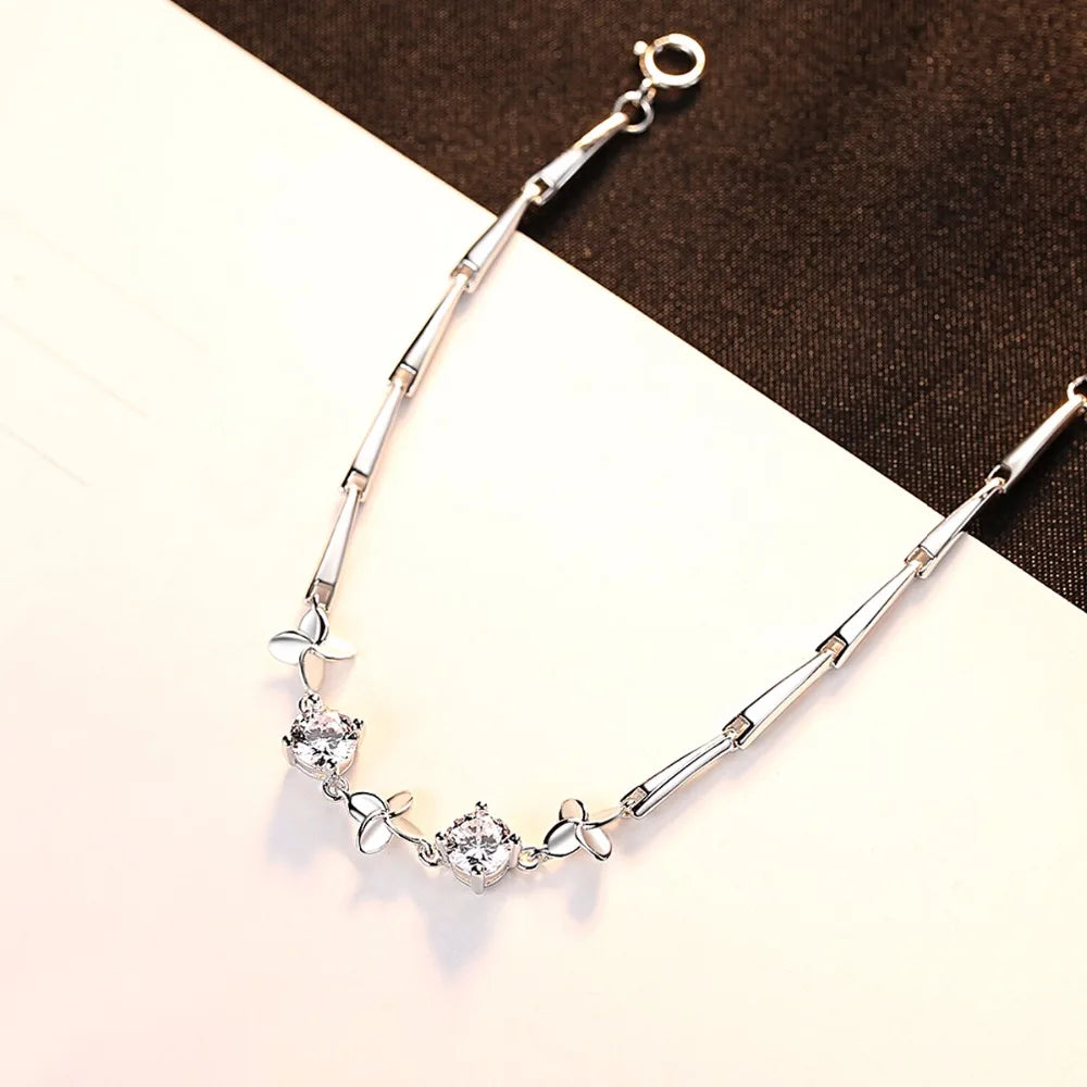 Vintage Love Flower Bracelet 925 Sterling Silver Charms Women Crystal Chain