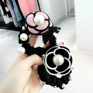 Camellia Pearl Hair Flowers Beads Elastic Headband Vintage Hair Bands