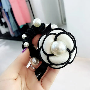 Camellia Pearl Hair Flowers Beads Elastic Headband Vintage Hair Bands