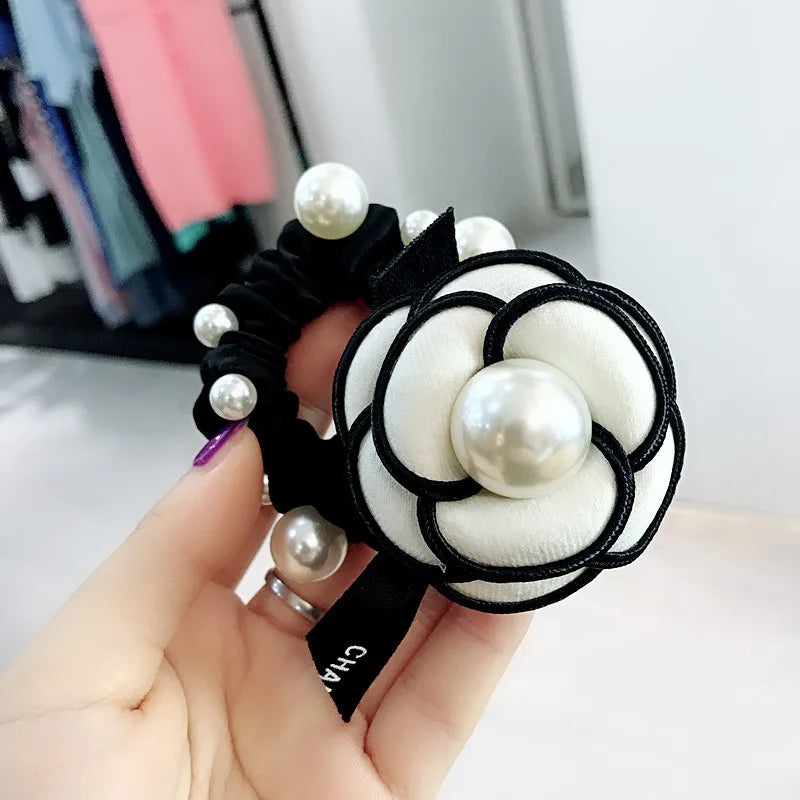 Camellia Pearl Hair Flowers Beads Elastic Headband Vintage Hair Bands