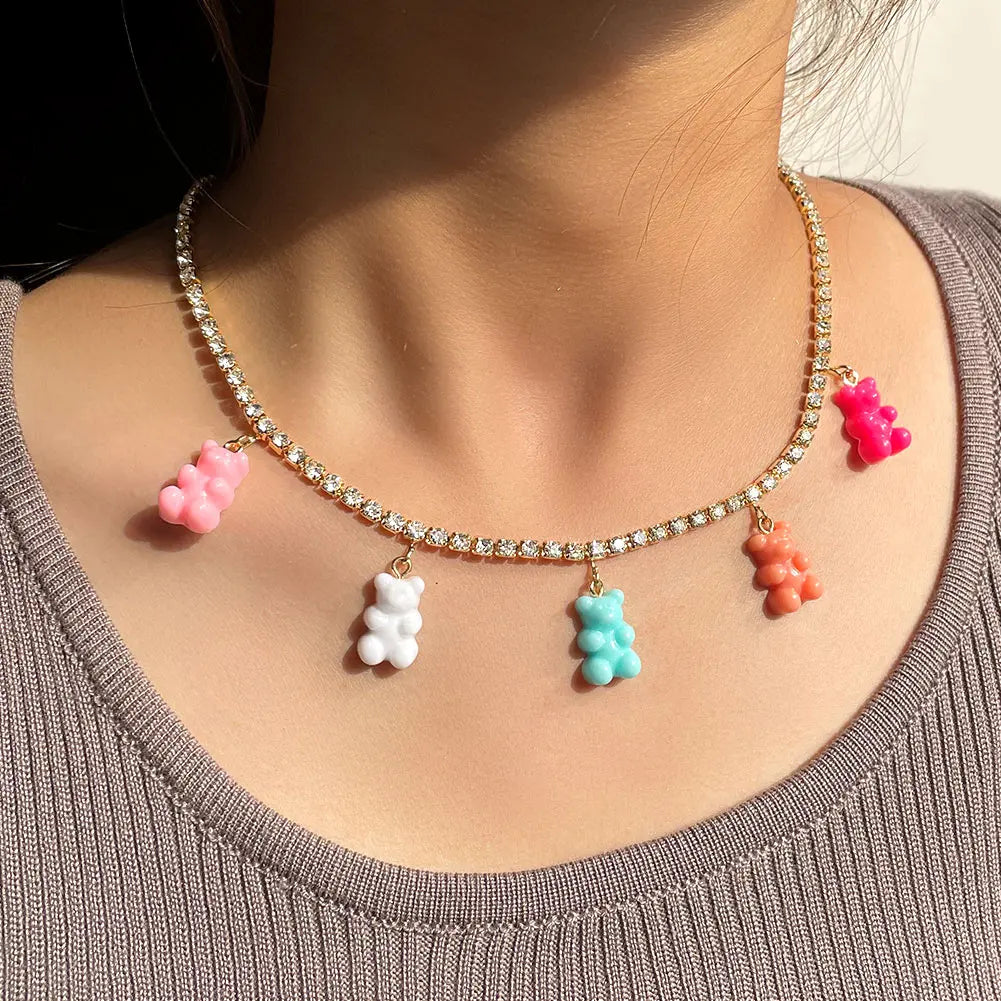 Crystal Tennis Chain Necklaces For Women, Mushroom Charm Rhinestone Jewelry