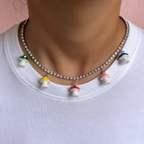 Crystal Tennis Chain Necklaces For Women, Mushroom Charm Rhinestone Jewelry