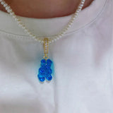Candy Bear Zircon Choker Necklace Stainless Steel Ball Chain Party Jewelry