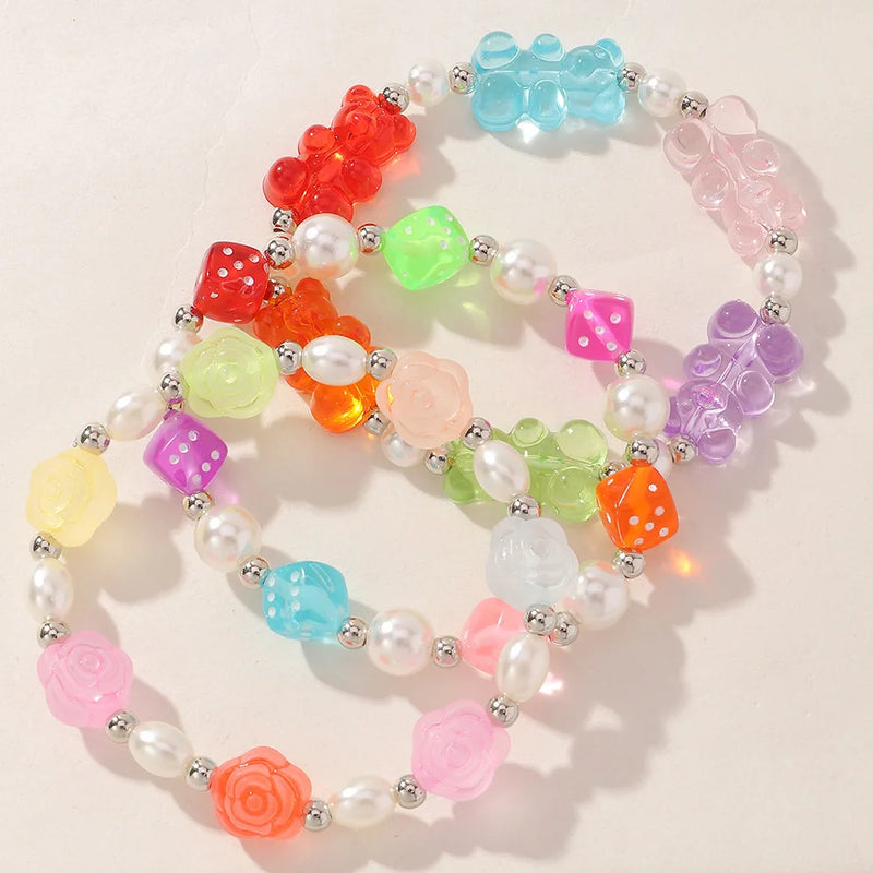 Resin Bear Dice Little Flowers Bracelet Set for Girls