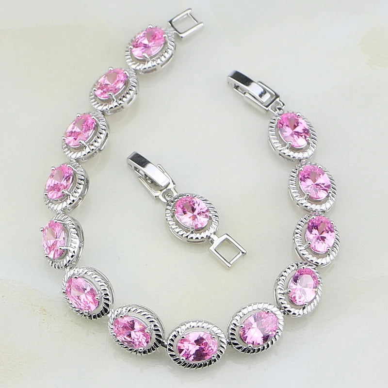Oval Pink CZ Charm 925 Silver Bracelet Vintage
