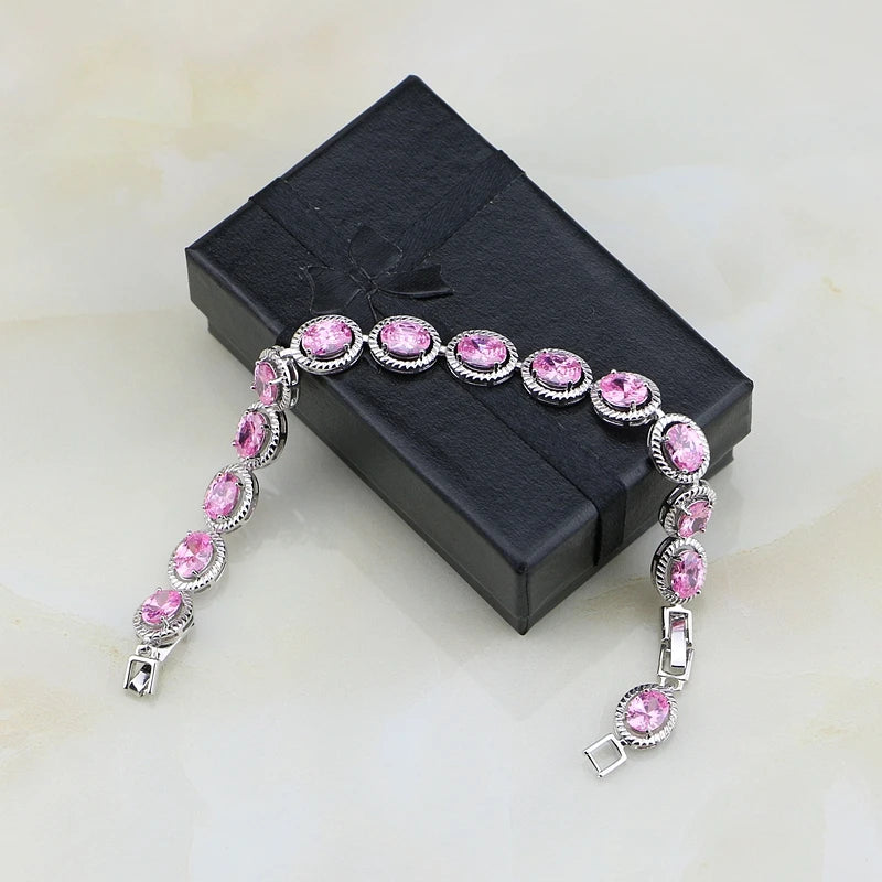 Oval Pink CZ Charm 925 Silver Bracelet Vintage