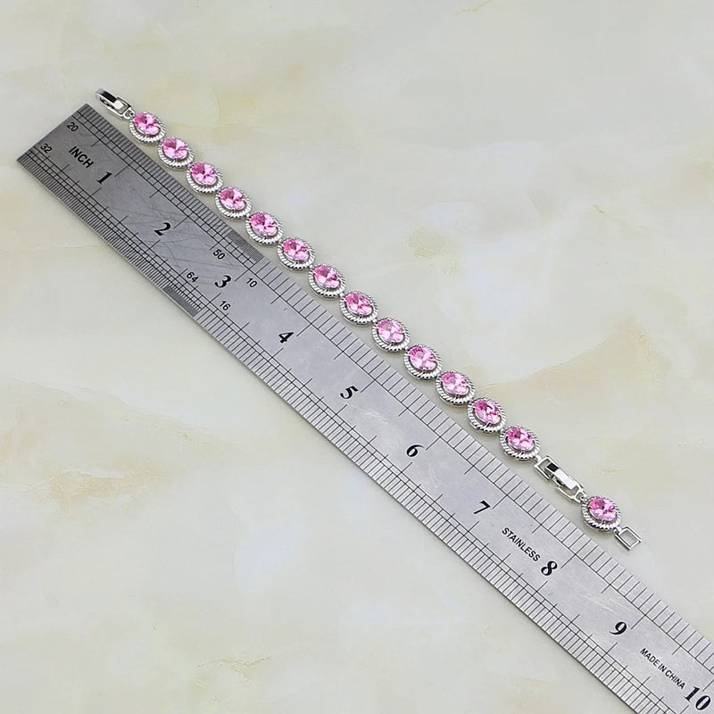 Oval Pink CZ Charm 925 Silver Bracelet Vintage