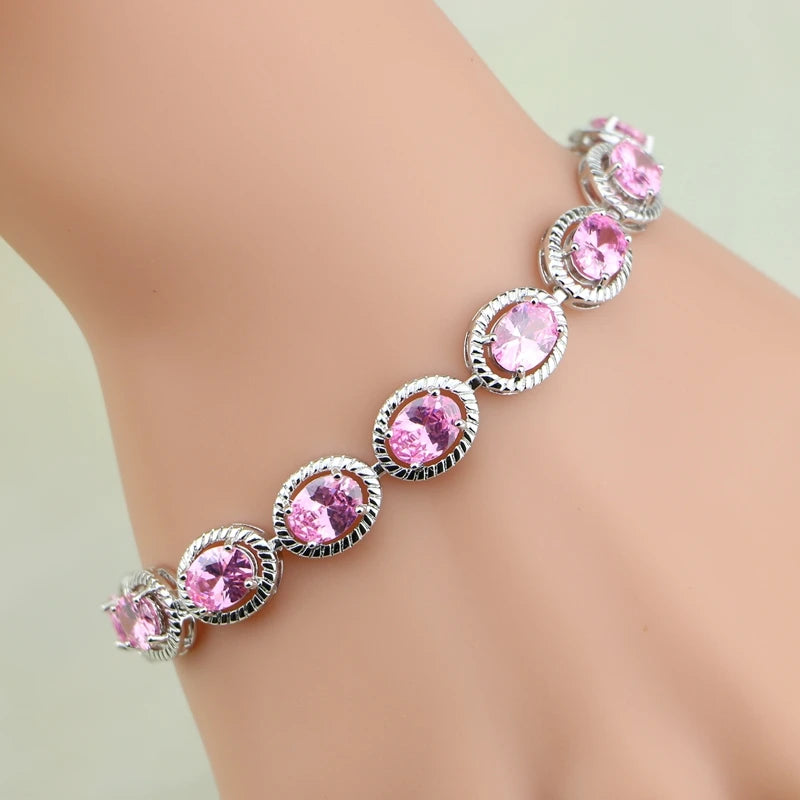 Oval Pink CZ Charm 925 Silver Bracelet Vintage