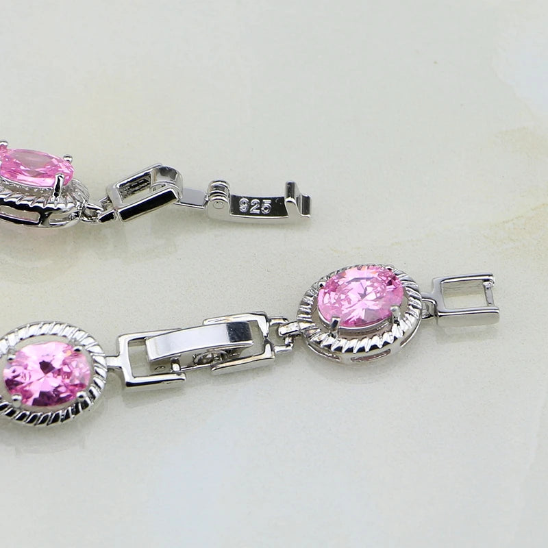 Oval Pink CZ Charm 925 Silver Bracelet Vintage