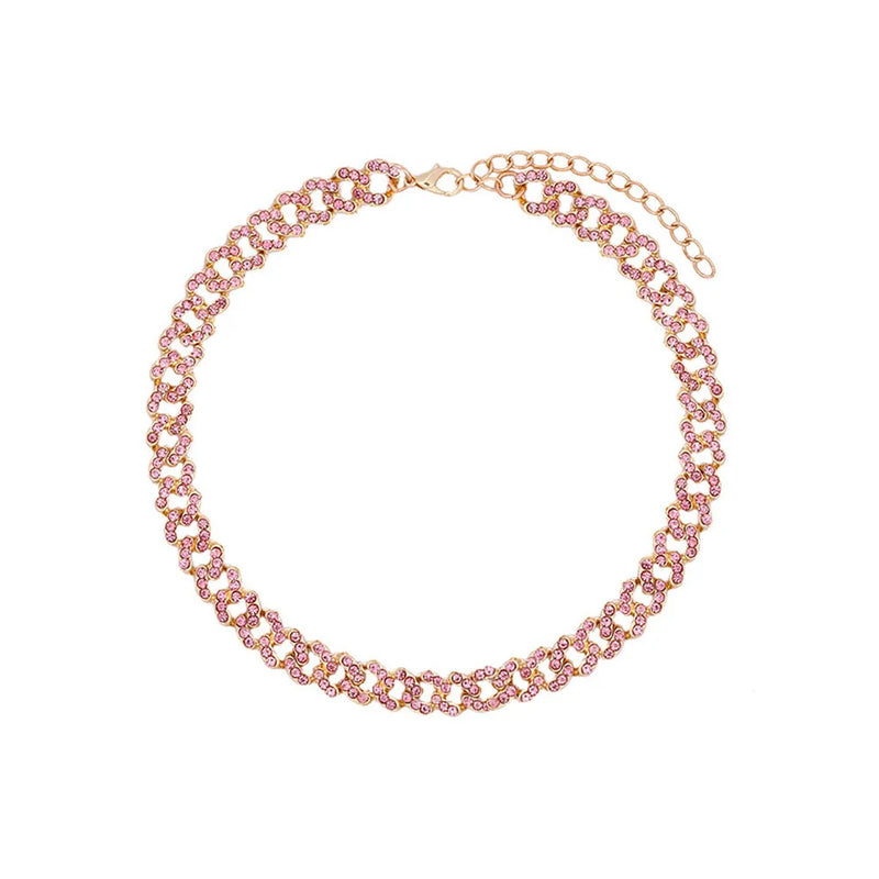 Caraquet Pink Crystal Choker Necklace Silver Punk Hip Hop Jewelry