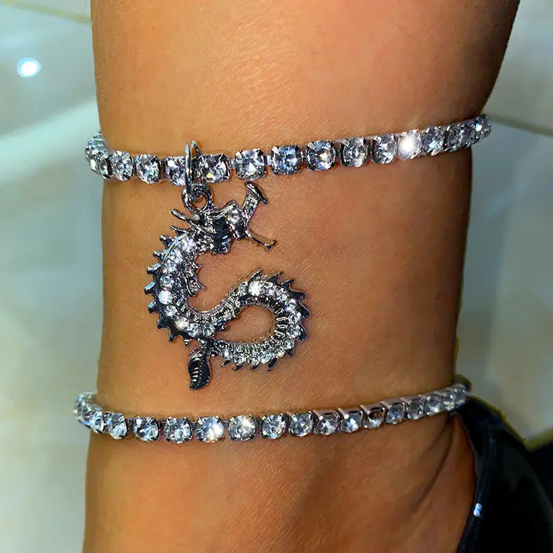 Caraquet Vintage Rhinestone Dragon Anklet, Beach Foot Jewelry