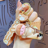 Caramel Milk Tea Cup Rabbit Keychain Quicksand Bunny Doll Key Ring Handbag Penda