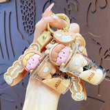 Caramel Milk Tea Cup Rabbit Keychain Quicksand Bunny Doll Key Ring Handbag Penda