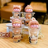 Caramel Milk Tea Cup Rabbit Keychain Quicksand Bunny Doll Key Ring Handbag Penda