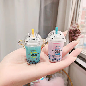 Cartoon Cat Keychain Mini Milk Tea Cup Liquid Quicksand Sequin Key Ring
