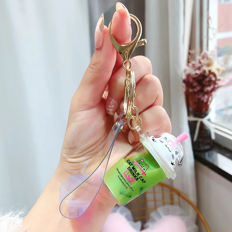 Cartoon Cat Keychain Mini Milk Tea Cup Liquid Quicksand Sequin Key Ring