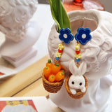 Funny Rabbit Eating Radish Earrings 925 Silver Needle Long Ear Clips