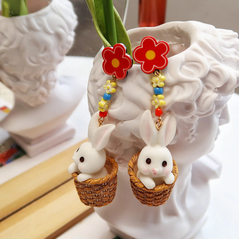 Funny Rabbit Eating Radish Earrings 925 Silver Needle Long Ear Clips