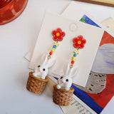 Funny Rabbit Eating Radish Earrings 925 Silver Needle Long Ear Clips