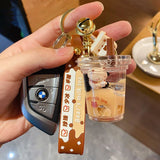 Pearl Milk Tea Bear Floating Liquid Keychain for Girl Bag Pendant