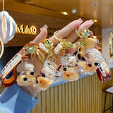 Pearl Milk Tea Bear Floating Liquid Keychain for Girl Bag Pendant