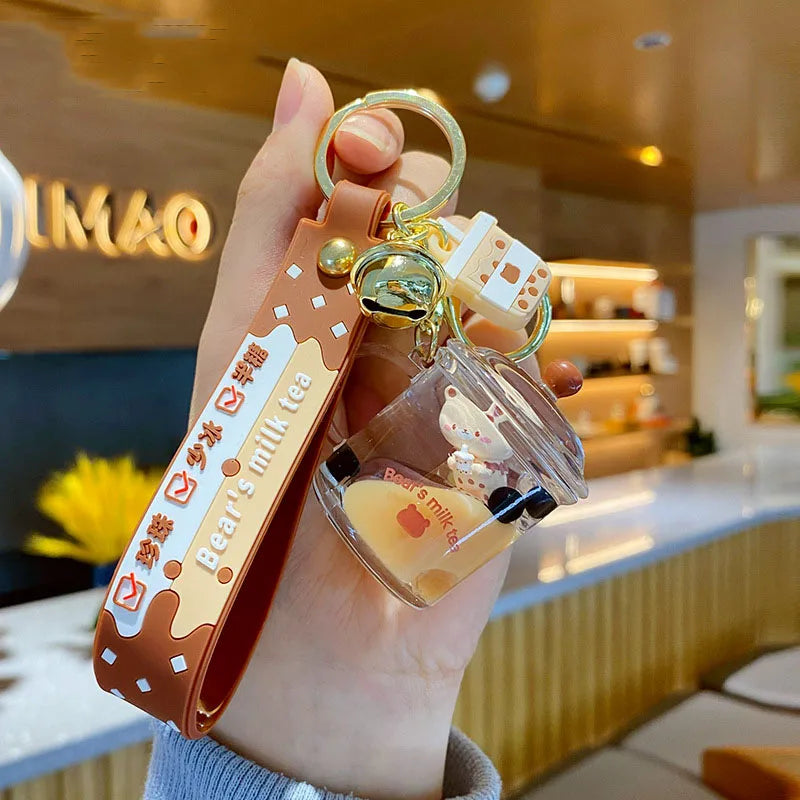 Pearl Milk Tea Bear Floating Liquid Keychain for Girl Bag Pendant