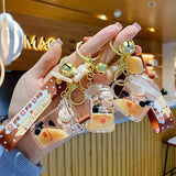 Pearl Milk Tea Bear Floating Liquid Keychain for Girl Bag Pendant