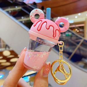 Mickey Head Keychain Donut Milk Tea Cup Quicksand Keyring