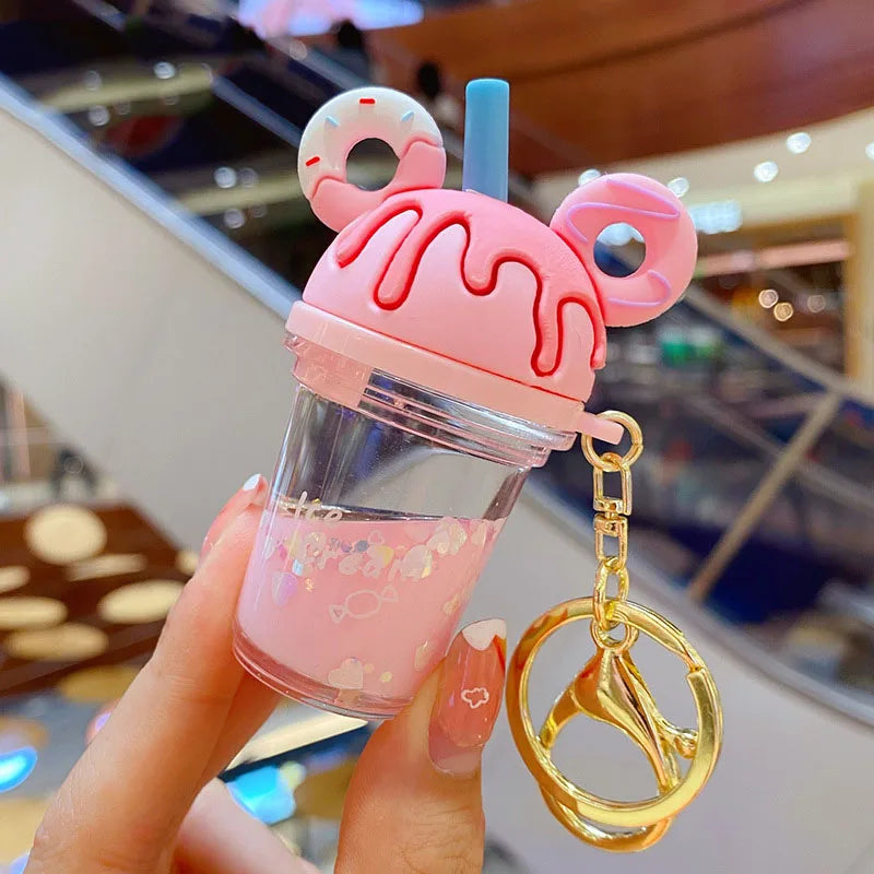 Mickey Head Keychain Donut Milk Tea Cup Quicksand Keyring